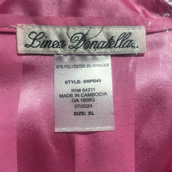 Sz XL new Linea Donatella Women's Feather-Trimmed STRIPED SATIN Pajama Set PINK - Picture 2 of 7